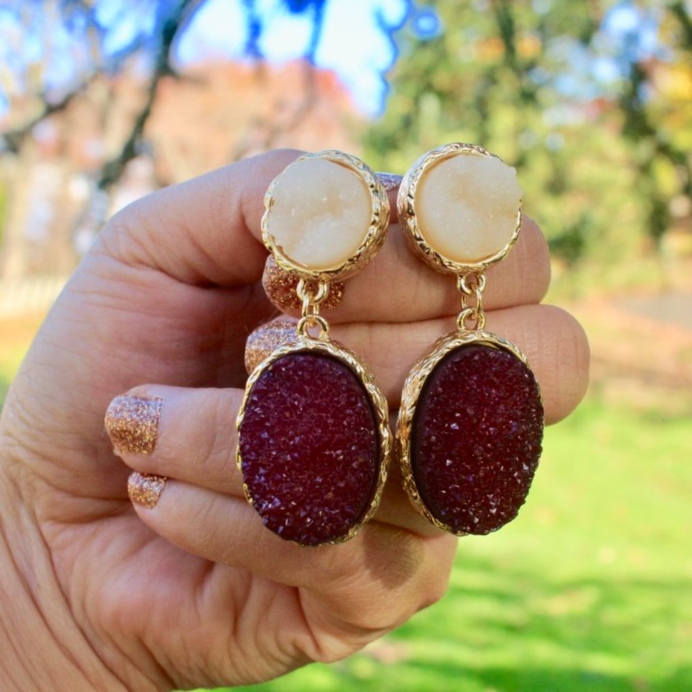 Anthropologie‎ Druzy Wine Teardrop Dangle Earrings - Picture 3 of 12